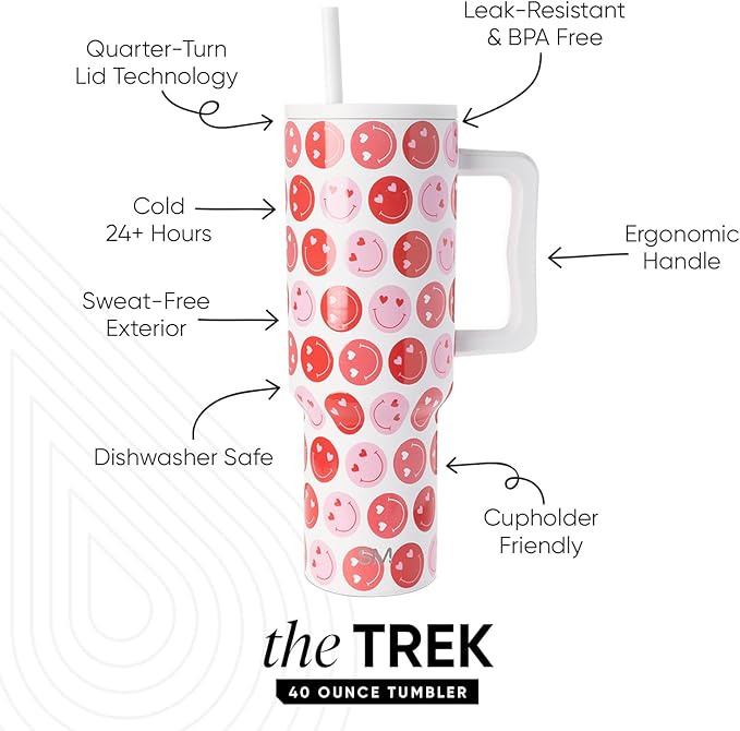 Simple Modern 40 oz Trek Tumbler with Handle and Straw Lid | Cup Holder Friendly Insulated Stainless Steel Travel Mug | Happy Heart Eyes SimpleModern