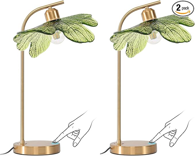 touch Table Lamp set of 2, Mid Century Modern Table lamp Gold Desk lamp tall table lamp nightstand lamp with Green Glass Flower Shade Bedside Table Lamp for end table Bedroom Living Room Office - Bloomnest