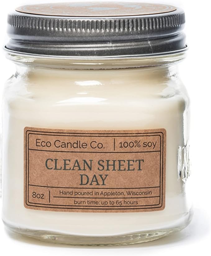 ECO CANDLE CO. Mason Jar Candle, Clean Sheet Day, 8 oz. - Scents of Clean Linens - 100% Soy Wax, No Lead, Kraft Label & Antiqued Pewter Lid, Hand Poured, Made from Midwest Grown Soybeans - Bloomnest