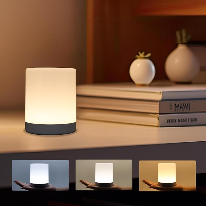 Touch Night Light for Baby Nursery, 3 Color Dimmable Night Light Battery Operated for Kids, Adult, Tap Nightlight Rechargeable, Cordless Small Lamp Portable for Bedroom, Bathroom, Nightstand, Hallway - Bloomnest