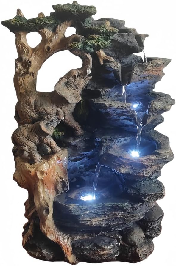 Water Fountain Indoor, Desktop Fountain Waterfall,Elephant Sculpture Layered LED Lighting. Indoor Office and Home Decorations Suitable for Creating a Peaceful Atmosphere. - Bloomnest