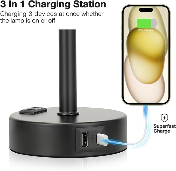 Fenmzee Grey Touch Bedside Lamp for Bedroom - 3 Way Dimmable Table Lamp USB C Charging Ports and AC Outlet, Small Desk Lamp for Living Room, Office, LED Bulb Included - Bloomnest