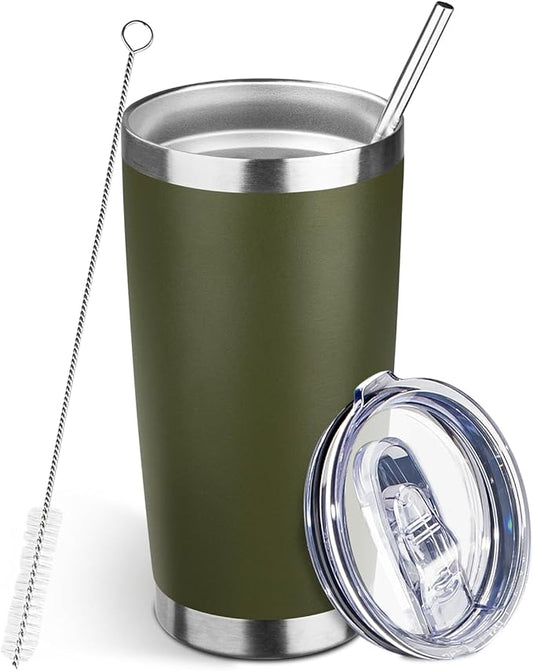 20oz Tumbler Bulk with Lid and Straw, Stainless Steel Double Wall Vacuum Insulated Travel Mug, Powder Coated Coffee Cups for Hot and Cold Drinks,Funny Gifts for Women Men(Navy Green,1) - Bloomnest