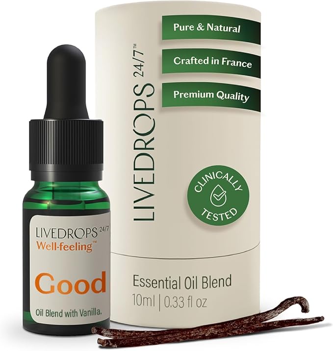 LIVEDROPS 24/7 Good Vanilla Essential Oil Blend, Natural Vegan Aromatherapy for Diffuser or Diluted Skin Use, Sweet Warm Creamy Scent, Made in France, Bottled in USA, Clinically Tested, 10ml - Bloomnest