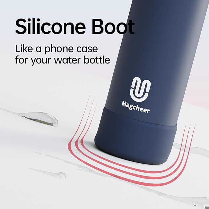 Insulated Magnetic Water Bottle - Reusable Stainless Steel Bottle with MagSafe Compatible Phone Holder -Keeps Cold for 24 Hours - Perfect for Gym, Sports, and Travel- Navy Blue 32oz Magcheer