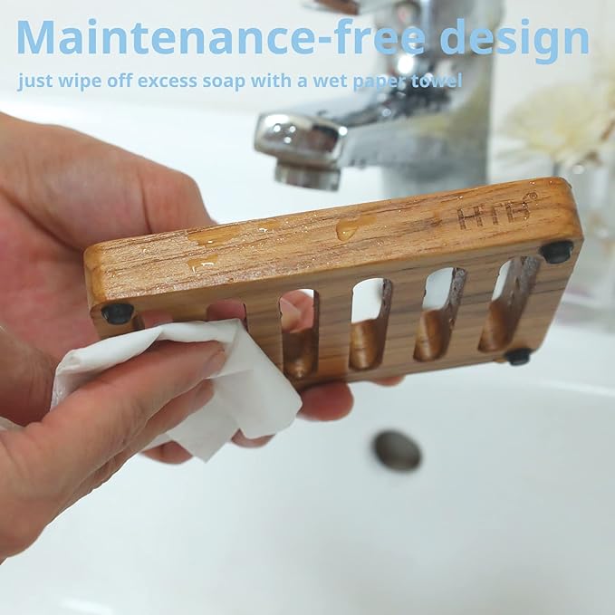 Slotted Soap Dish 2 Pack Teak Wood by HTB, Kitchen Wooden Sponge Holder, Self Draining Soap Dish for Shower, Sink, Bathroom, Bathtub, RV - Bloomnest