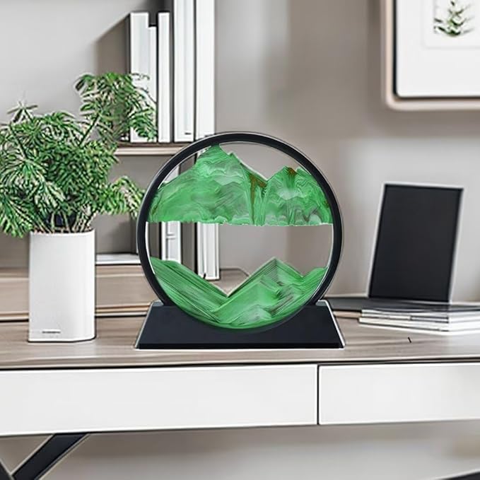 BGFJYUK Moving Sand Art Picture in Motion, Round Glass 3D Deep Sea Sandscapes with Display Flowing Sand Frame for Relaxing Desktop Home Office Work Décor for Kids Adults (Green, 12inch) - Bloomnest