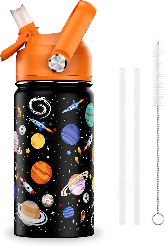 14oz Kids Insulated Water Bottle with Straw Lid - 18/8 Stainless Steel Kid Cup Travel Tumbler Double Wall Vacuum Leak Proof Portable Toddler Water Bottle (Space) - Bloomnest