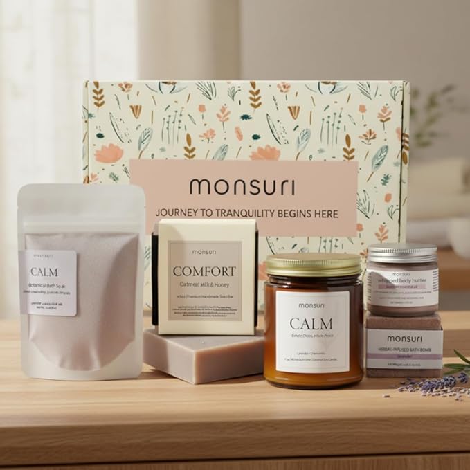 Relaxing Bath Gifts for Mom | Wind-Down Ritual with Lavender Candle, Bath Bomb, Soak, Body Butter, Oatmeal Soap Bar - Mom Birthday Gifts for Women, Self Care Package, Mother's Day Gifts - Bloomnest