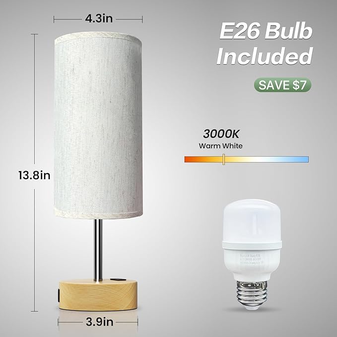 KPQ Small Bedside Lamp Touch Control Table Lamp with USB A+C Charging Ports & AC Outlet 3-Way Dimmable Nightstand Lamp with Linen Fabric Shade for Bedroom Living Room - Bloomnest