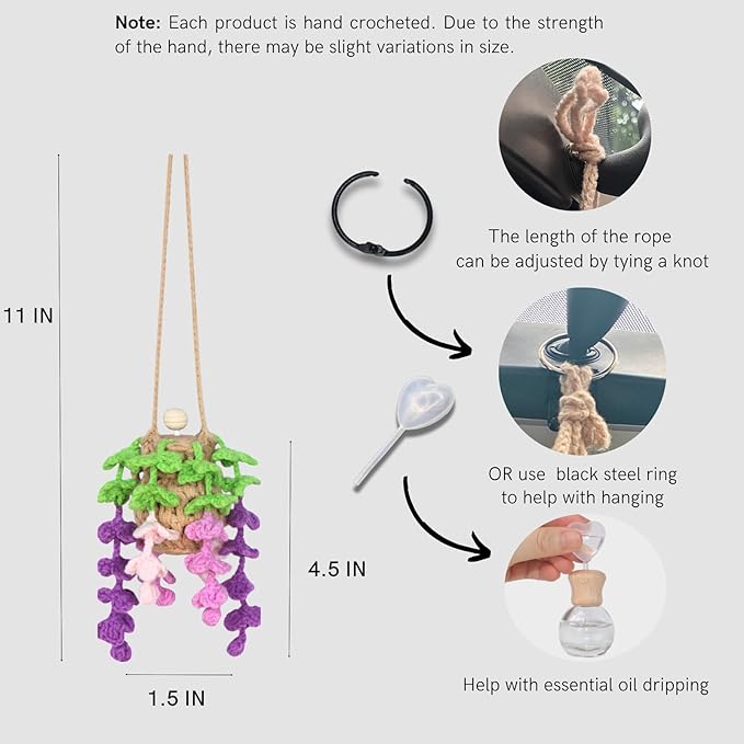 Handmade Crochet Hanging Car Air Freshener - Botanical Wisteria Blossom Design with 12ml Refillable Glass Essential Oil Bottle, Long-Lasting Car Diffuser & Nature-Inspired Decor - Bloomnest