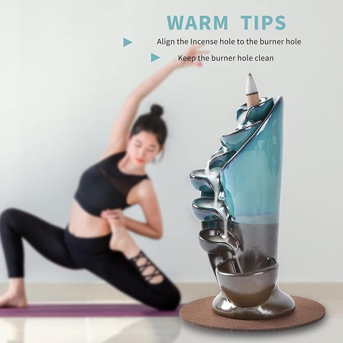 YYW Backflow Incense Burner Holder Handmade Statue Decor Fountain Waterfall Incense Holder with 20 Backflow Incense Cones 30 Incense Sticks 1 Tweezer 1 Mat for Indoor Meditation Yoga (Blue) - Bloomnest