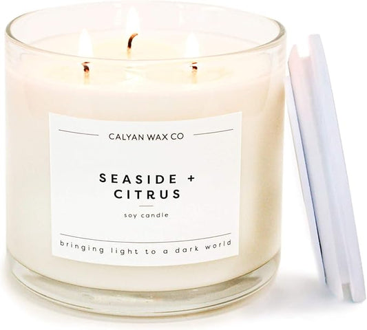 Calyan Wax Co. Seaside & Citrus 3 Wick Scented Candle - 43 Hour Burn - Luxury 3 Wick Soy Candles - Non Toxic Soy Wax Candles - Long Lasting Large Glass Jar Candle for Home - 14.9oz - Bloomnest