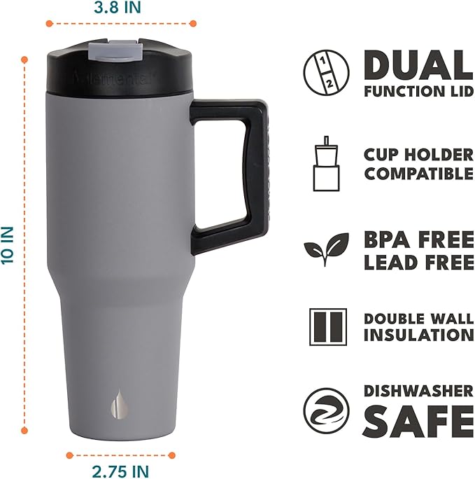 Elemental 32 oz 100% Leak Proof Tumbler with Handle & Straw - Stainless Steel Double Wall Insulated Tumbler for Hot and Cold Beverages - Travel Coffee Mug with Sip & Straw Lid - Graphite - Bloomnest