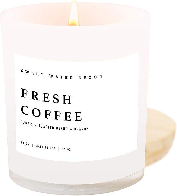 Sweet Water Decor Fresh Coffee Candle - Kona Coffee, Mocha Latte, Caramel Creme Scented Soy Candles for Home - 11oz White Jar with Wood Lid, 50+ Hour Burn Time, Made in The USA - Bloomnest