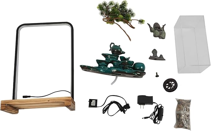 Zen Tabletop Fountain with LED Lights, Handcrafted Ceramic Waterfall Decoration with Fish Tank, Tea Set & Pine Tree for Home/Office, Relaxing Gift for Stress Relief & Good Fortune