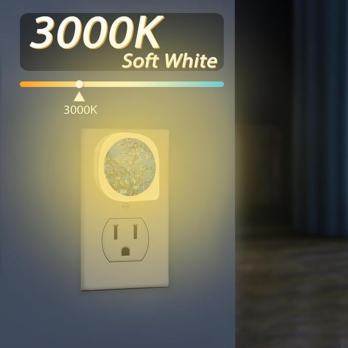 Almond Tree Blossom Night Light, Dusk to Dawn Round Lamp Auto Sensor for Bathroom Hallway Living Room - Bloomnest
