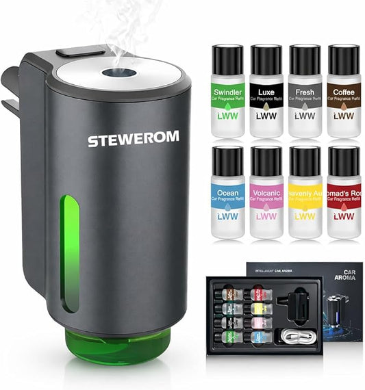 Car Air Freshener - Smart Adjustable 3-Speed Intensity, Rechargeable Humidifier Car Essential Oil Diffuser - Comes with 8 Bottles of 10ml Perfume (Gray) - Bloomnest