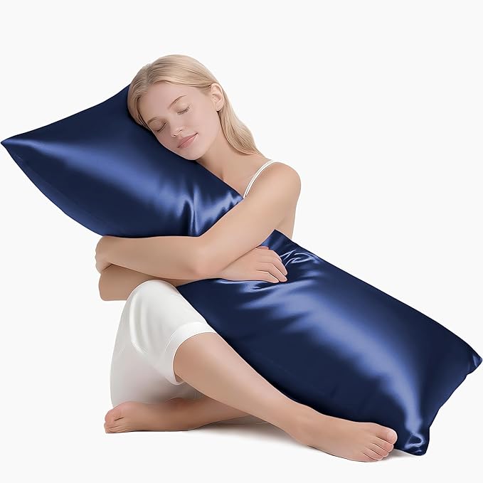 MR&HM Satin Body Pillow Cover, Soft and Breathable Body Pillow Case with Envelope Closure, Cooling and Silky Long Pillowcase for Hair and Skin,Grey (20x54, Navy Blue) - Bloomnest