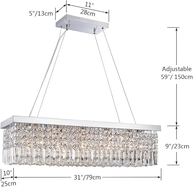 Saint Mossi 5-Lights K9 Crystal Chandelier for Dining Room, Rectangular Pendant Light Fixture for Kitchen Island, Raindrop Flush Mount Ceiling Light Fixture,H9 x W10 x L31, Chain Adjustable - Bloomnest