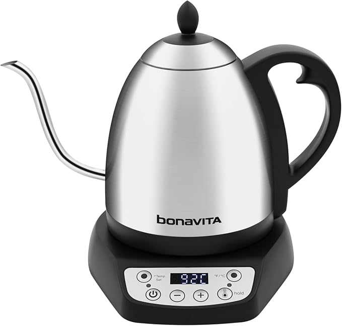 Bonavita 1L Digital Variable Temperature Gooseneck Electric Kettle for Coffee Brew and Tea Precise Pour Control, 6 Preset Temps, Café or Home Use, 1200 Watt, LED Panel, Stainless Steel - Bloomnest