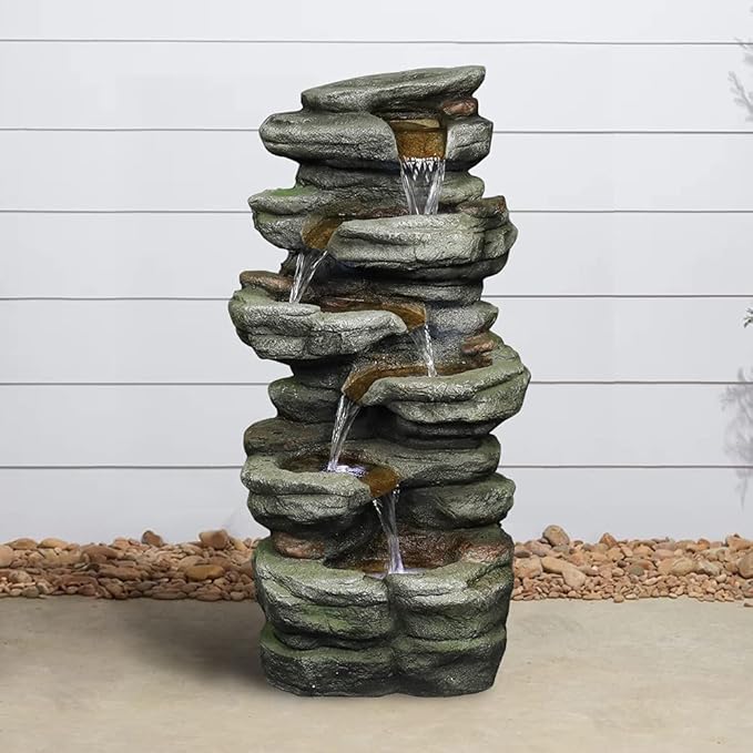 Naturefalls 30.7inches Outdoor Water Fountain - 6-Tiers Rock Waterfall Fountain with Led Lights for Home Garden Decor - Bloomnest