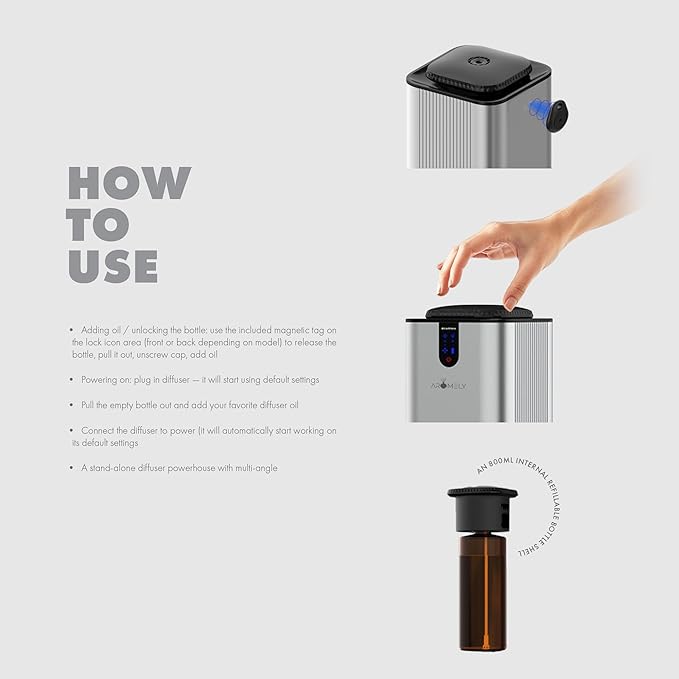 Aromely Smart Bluetooth Scent Diffuser, Aromatherapy Nebulizing Waterless Diffuser for Two-Story Homes, Offices & Open Areas, App Controlled Perfect Aroma Diffuser Up to 3,000 SQFT - Silver - Bloomnest