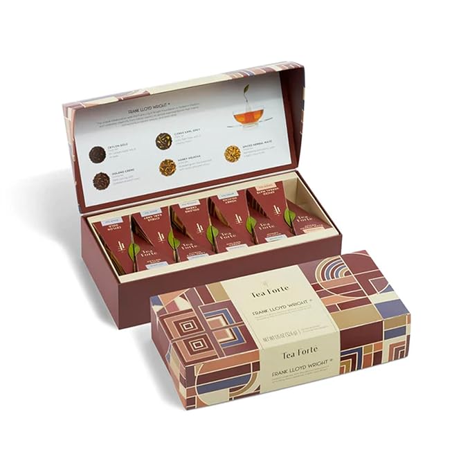 Tea Forte Frank Lloyd Wright Petite Presentation Box Tea Gift Set Sampler, 10 Count, 2 of Each Variety Individually Wrapped Handcrafted Pyramid Infuser Bags - Bloomnest