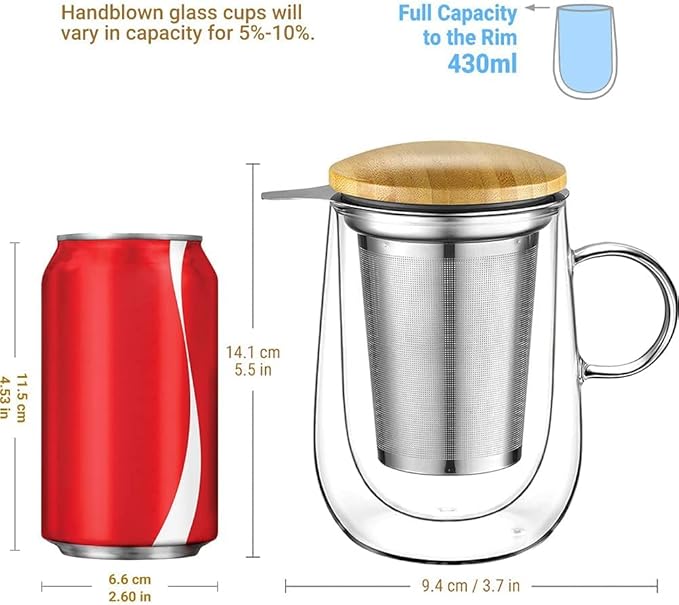 glastal Tea Infuser Mug 14.5oz Insulated Heatproof Glass Tea Cup with Removable Infuser and Lid, Clear Glass Teacup 430ml Double Wall Borosilicate Glass Teacup for Loose Tea, Gifts for Parents Dad Mum - Bloomnest