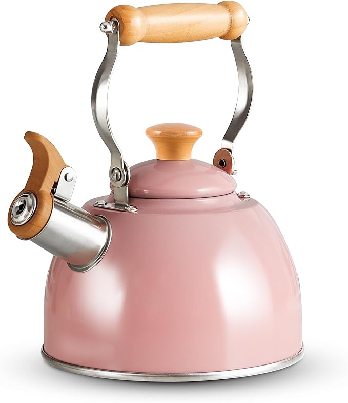 ROCKURWOK Tea Kettle, Tea Pot with Cool Touch Ergonomic Handle, Teapot Food Grade Stainless Steel, Tea Kettle Stovetop, Kettle Teapot, Whistling Tea Kettles, Small Tea Pot, 1.6 Quart (Pink) - Bloomnest