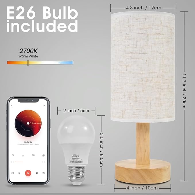 Small Bedside Table Lamps for Bedroom Set of 2,Natural Round Wood Base&Fabric Linen Shade,Cozy Night Light for Study Reading,Minimalist Boho Desk Lamp for Nightstand,Living Room,Nursery,Kitchen,Dorm - Bloomnest