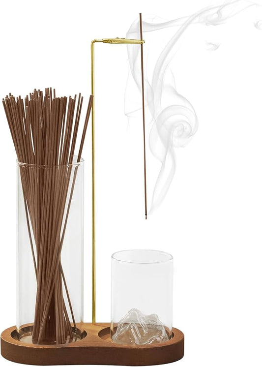 2-in-1 Walnut Wood Glass Incense Holder for Sticks, Anti-Ash Flying Incense Burner with Glass Ash Catcher & Incense Storage, Incense Stick Holder for Meditation, Yoga, Spa, and Home Decor - Bloomnest