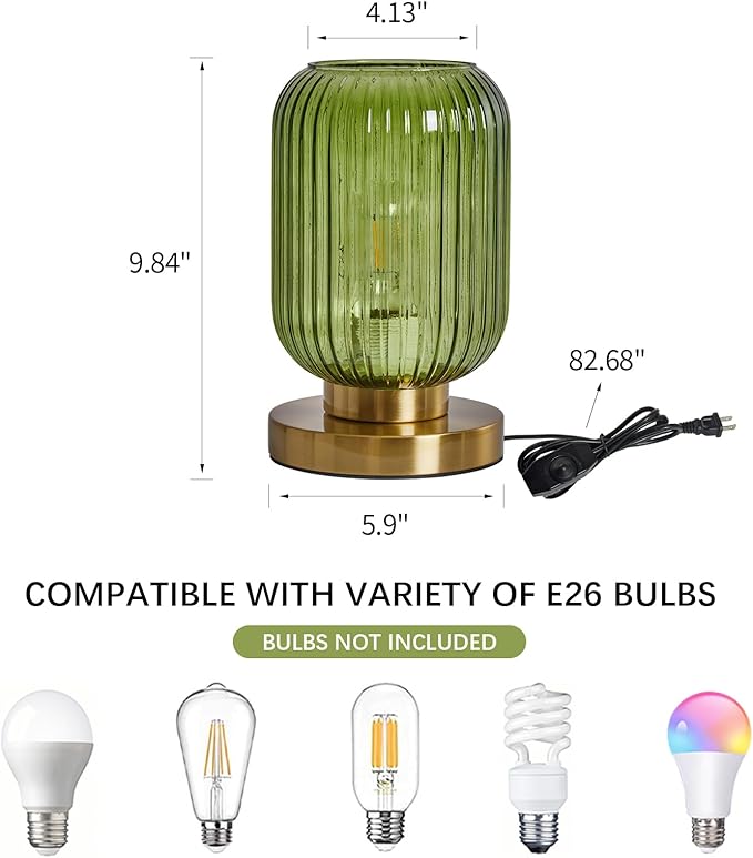 Glass Table Lamps Mid Century Modern Globe, Dimmable Green Table Lamp for Nightstand, Small Gold Table Lamp, Green Pumpkin Design Ribbed Glass Vintage Bedside Lamp for Bedroom Living Room Office - Bloomnest