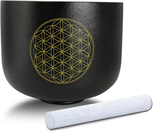 8" C Note Flower of Life Black Crystal Singing Bowl Frosted Quartz Root Base Chakra Meditation Sound Healing with Suede Striker O-ring