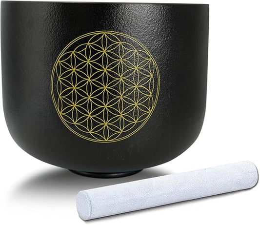 8" C Note Flower of Life Black Crystal Singing Bowl Frosted Quartz Root Base Chakra Meditation Sound Healing with Suede Striker O-ring - Bloomnest