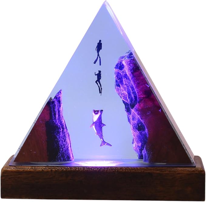 Handmade 3D Ocean Resin Lamp, Epoxy Ocean Night Light with Wooden Base, LED Color Changing Table Lamp, USB Powered Dragons Decor, Unique Ocean Gift for Bedroom & Home Office (Shark) - Bloomnest