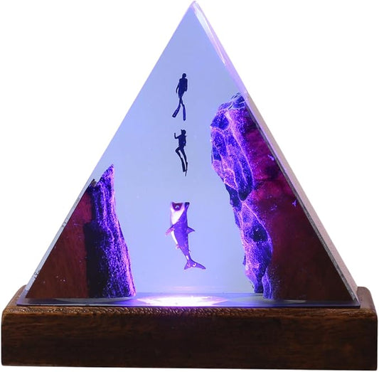 Handmade 3D Ocean Resin Lamp, Epoxy Ocean Night Light with Wooden Base, LED Color Changing Table Lamp, USB Powered Dragons Decor, Unique Ocean Gift for Bedroom & Home Office (Shark) - Bloomnest