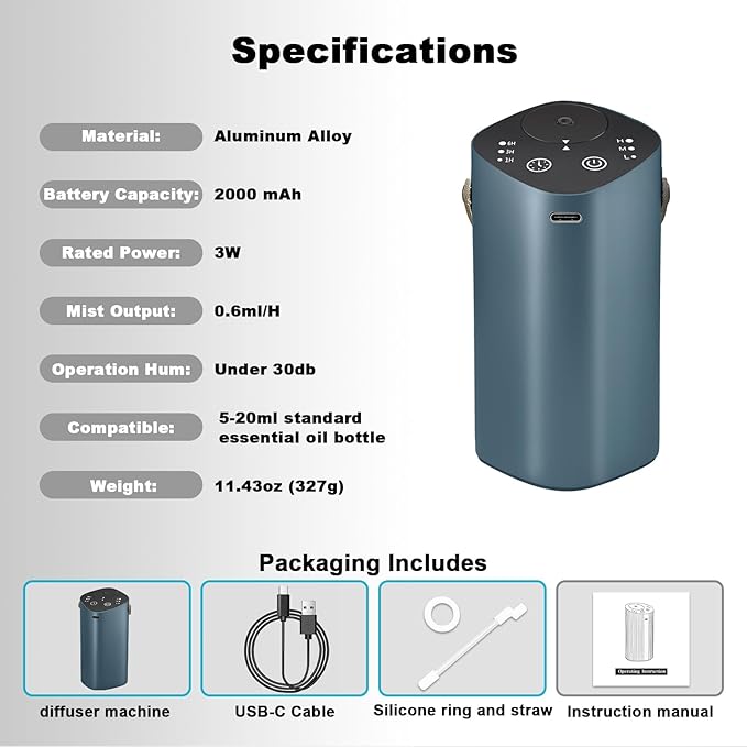 Waterless Essential Oil Diffuser for Car & Home, Aromatherapy Diffuser with 4 Timer (1/3/6/Off), 3 Mist Mode, Battery Operated, Air Scent Diffuser for Bathroom Office, Small Aroma Diffuser Greyblue - Bloomnest