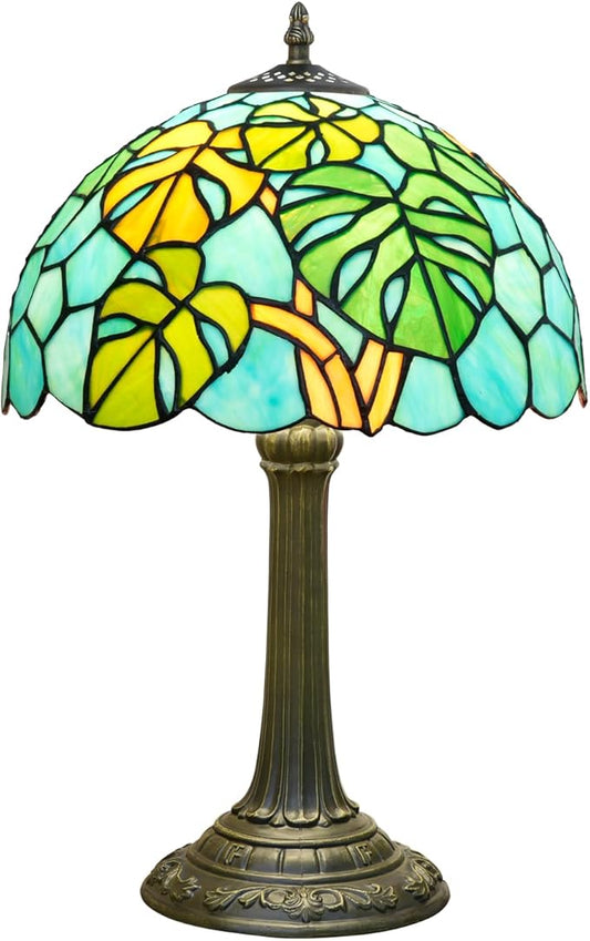 Tiffany Lamp Monstera Deliciosa Style Stained Glass Table Lamp Vintage Monstera Swiss Cheese Plant Bedroom Bedside Light for Home Dorm Office Art Craft Antique Decor 12x12x19 Inches - Bloomnest