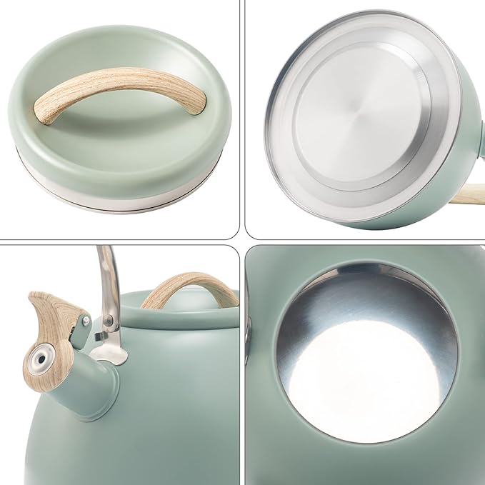3.2 Quart Whistling Tea Kettle for Stove Top Stainless Steel Tea Pots With Wood Pattern Anti-slip Handle, Green… - Bloomnest