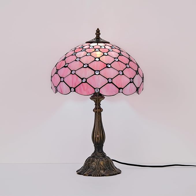 Tiffany Lamp Vintage Pink Stained Glass Bead Table Lamp Desk Bedside Reading Light Decor Bedroom Living Room Home Office D12*H18 Inches - Bloomnest