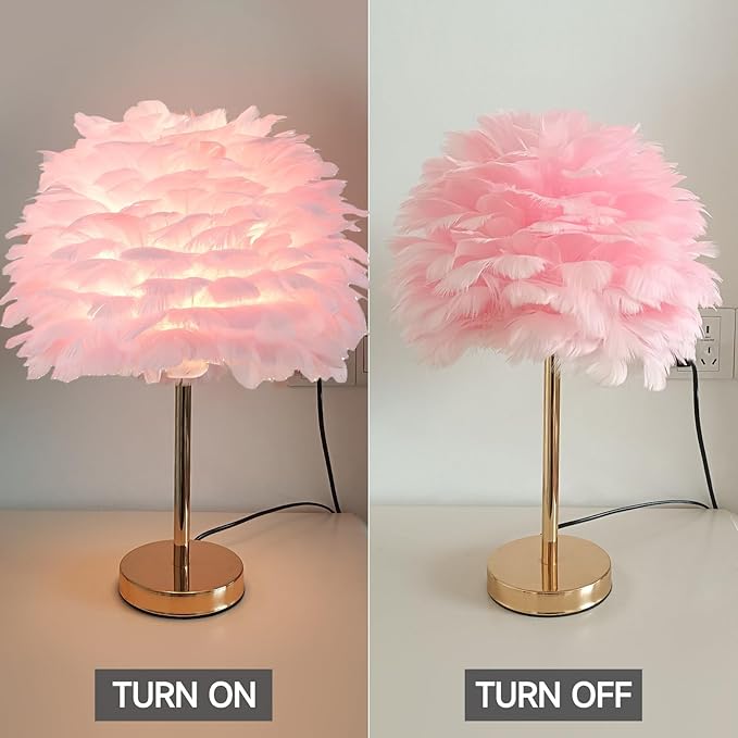 ZYLEIESENBAO Pink Feather Lamp Cute Romantic Goose Feather Table Lamp Furry Nightstand Light with Gold Base Bedside Lamp for Girl Bedroom Wedding Living Room Hotel Decorative - Bloomnest