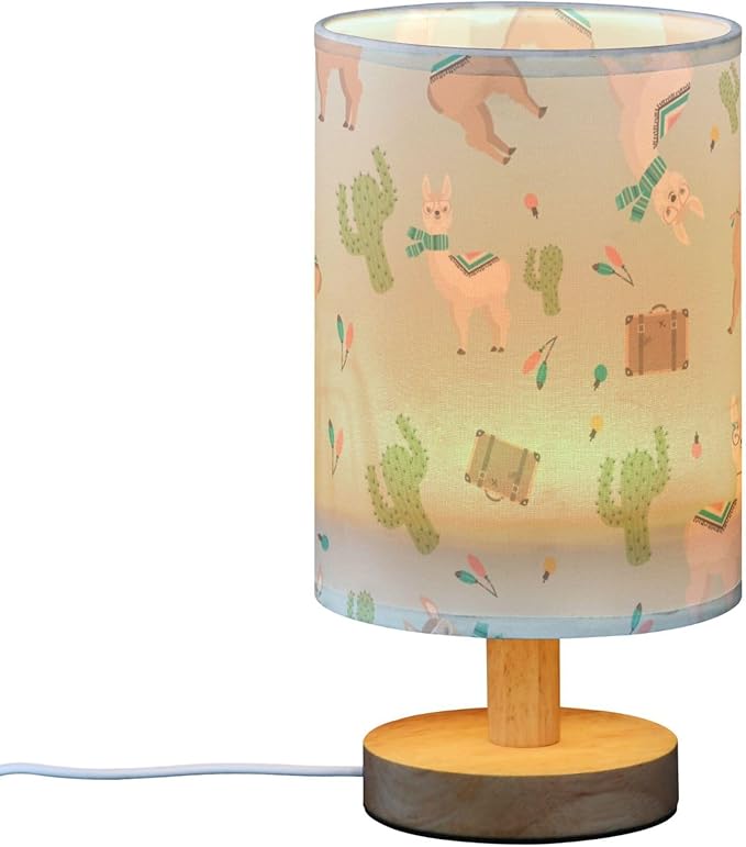 Table Lamp Cute Llama and Alpaca Cactus Nightstand Lamp with Wood Base Fabric Lamp Shade Bedside Desk Lamp for Living Room Bedroom Kids Room Office - Bloomnest