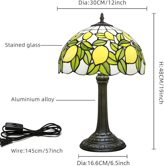 Tiffany Lamp Yellow Lemon Green Leaves Stained Glass Table Lamp Vintage Bedroom Desk Light for Home Dorm Office Art Craft Antique Decor Accent Aesthetic Nightstand Reading Light - Bloomnest