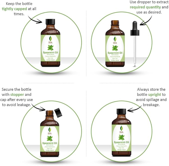 SVA Spearmint Essential Oil – 4 Fl Oz – 100% Natural Spearmint Oil - for Diffuser, Hair Care, Face, Skin Care, Aromatherapy, Scalp and Body Massage, Soap and Candle Making – with Dropper - Bloomnest