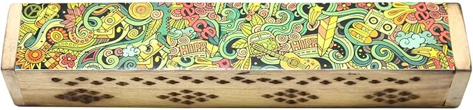 SOUL STICKS Handmade Carved Incense Burner Wooden Coffin Box with Storage Includes Go Away Evil Incense Sticks (Peace Art) - Bloomnest