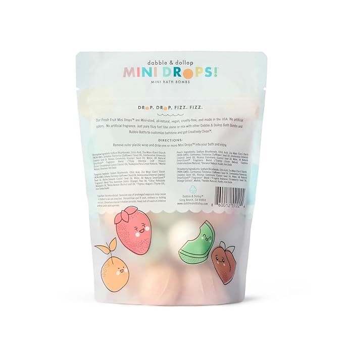 Dabble & Dollop Mini Bath Bombs, 100% Natural Droplets for Kids, Fresh Fruit Scents - Resealable Pouches, Fizzy, Moisturizing & Fun, Vegan, Gluten-Free, Cruelty-Free (Set of 24) - Bloomnest