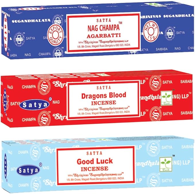 Satya Good Vibes Mix Incense Sticks 3-Pack Assortment | Slow-Burning, Long-Lasting Nag Champa, Dragon's Blood & Good Luck (15g Each) Satya