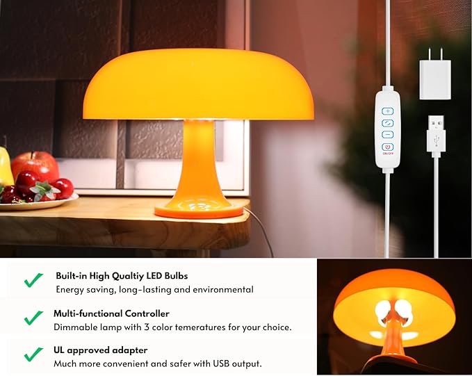 Orange Mushroom Lamp, Mushroom Shaped Donut Lamp with 3 Lighting Modes, 70s Retro Mid Century Modern Light for Bedroom, Dimmable Funky Unique Light Cool Home Decor Aesthetic - Bloomnest