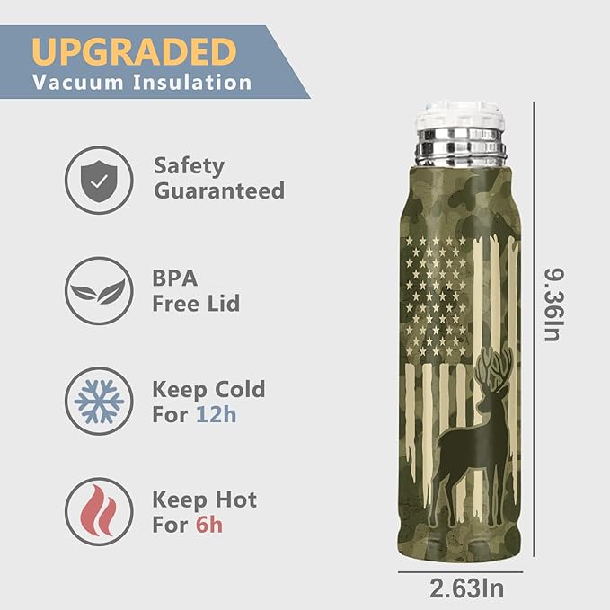 Deer American Flag Camouflage 17oz Stainless Steel Bullet Tumbler - Deer Hunting Gifts for Men - Unique Birthday Fathers day or Christmas Gifts for Hunters - Bloomnest